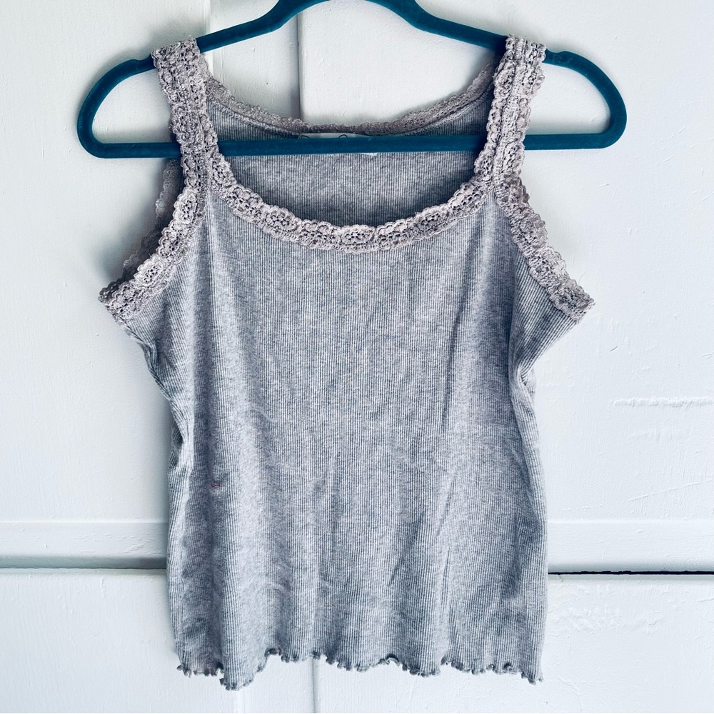 French Laundry Light Grey Ribbed Lace-Trim Tank Top